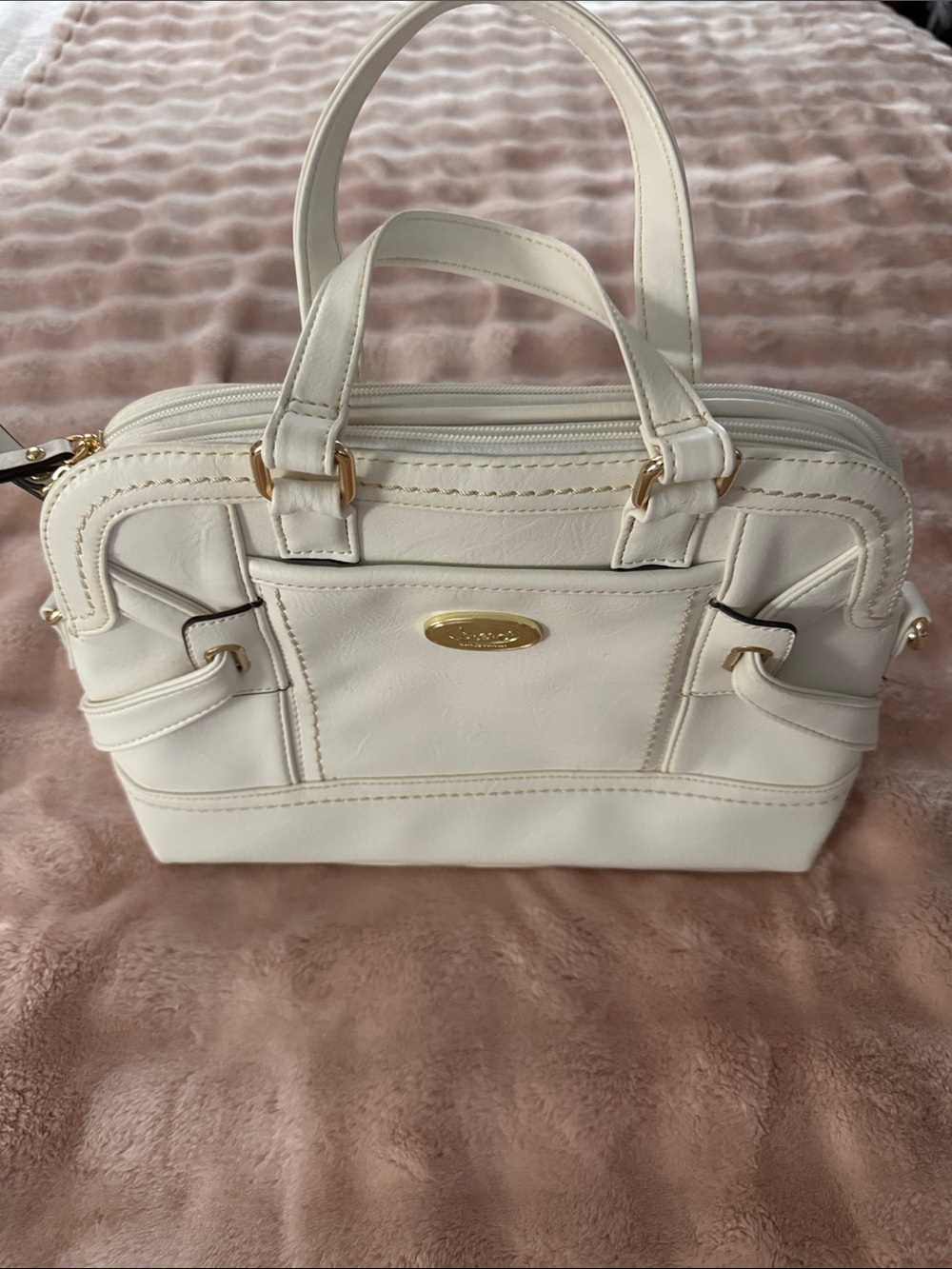 Structured Cream Satchel with Gold Accent Hardware